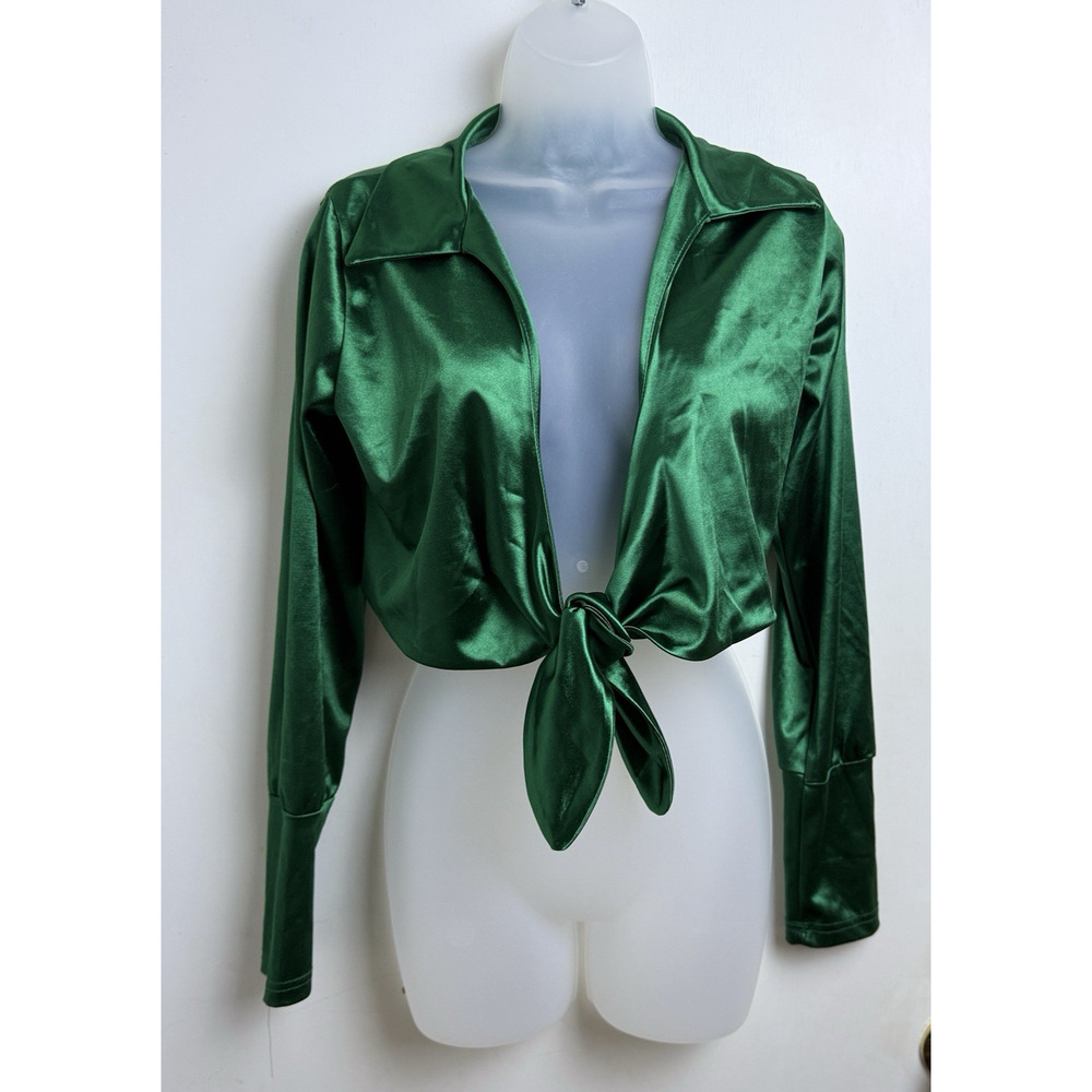 Satin Tie Front Crop Top Kelly Green Size Small Coachella Rave Disco Retro Chic‎